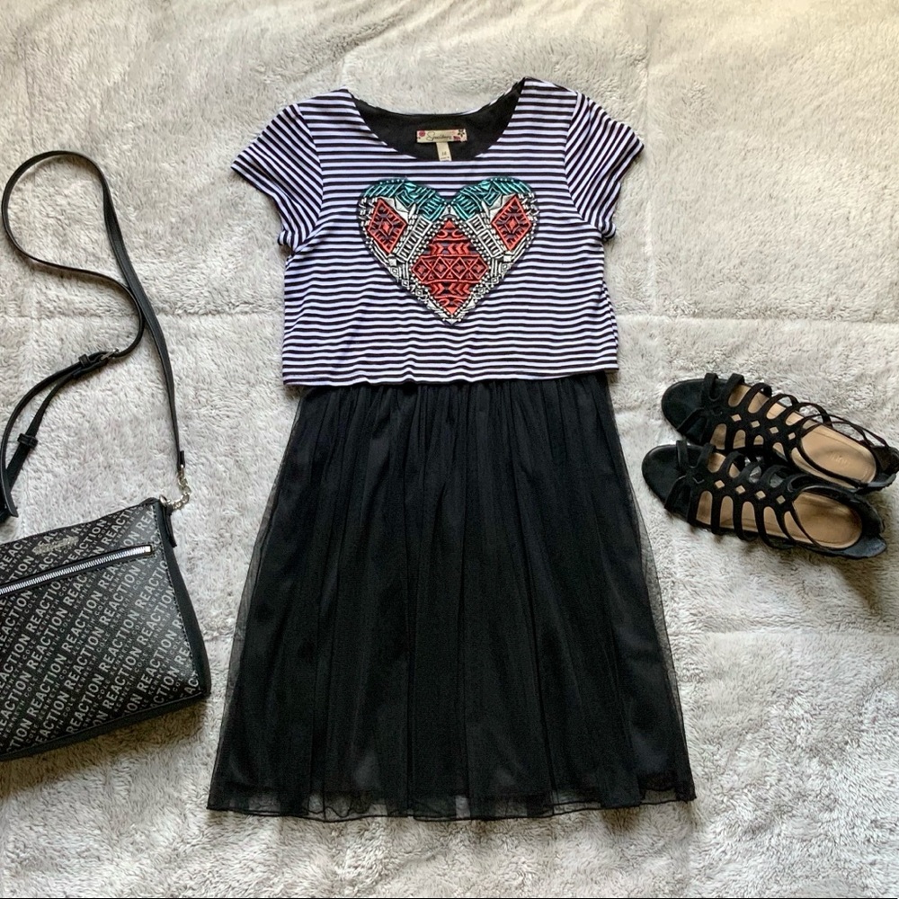 Black and White Striped Dress with Detailed Heart